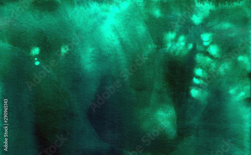 Beautiful abstract smudges of dark green, turquoise black and cyan colors in hand painted watercolor background design
