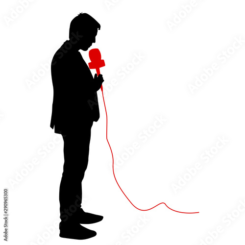 Silhouette operator removes journalist with microphone on a white background