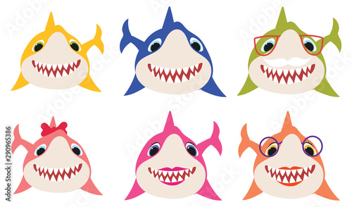 Set of cartoon shark family. Collection of stylized sharks for children. Vector illustration of cute predatory fish.