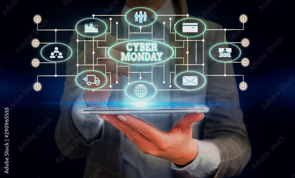 Conceptual hand writing showing Cyber Monday. Concept meaning Marketing term for Monday after thanksgiving holiday in the US Woman wear work suit presenting presentation smart device Conceptual hand writing showing Cyber Monday. Concept meaning Marketing term for Monday after thanksgiving holiday in the US Woman wear work suit presenting presentation smart device