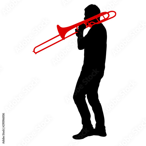 Silhouette of musician playing the trombone on a white background