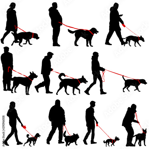 Set silhouette of people and dog on a white background