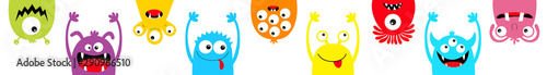 Happy Halloween. Hanging monster colorful silhouette head face icon set line. Eyes, tongue, tooth fang, hands up. Cute cartoon kawaii scary funny baby character. White background. Flat design.
