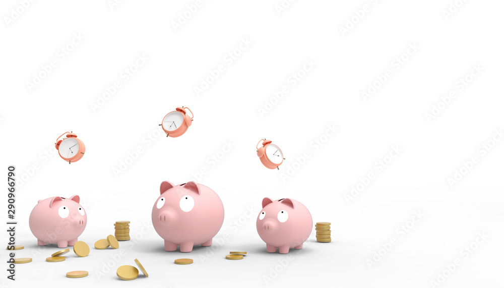 Piggy Pink triple bank Savings money Groups Modern Art and watch red in Concept Savings Time isolated on white background - 3d rendering Piggy Pink triple bank Savings money Groups Modern Art and watch red in Concept Savings Time isolated on white background - 3d rendering