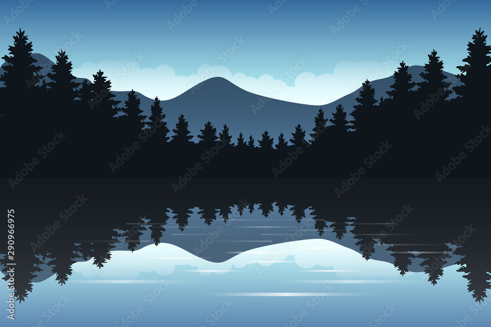 Illustration of the mountain landscape with fir-tree silhouettes. 