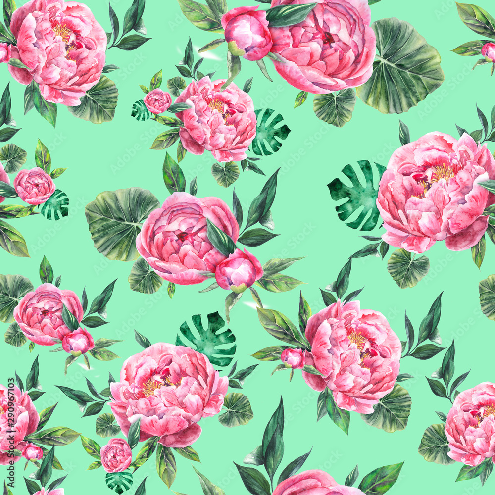 Hand drawn watercolor seamless pattern with peonies
