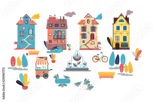 Old European houses. Victorian style. Square with a fountain. Trees and pigeons