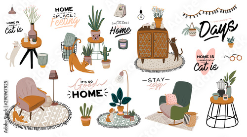 Stylish Scandic living room interior - sofa, armchair, coffee table, plants in pots, lamp, home decorations. Cozy Autumn season. Modern comfy apartment furnished in Hygge style. Vector illustration