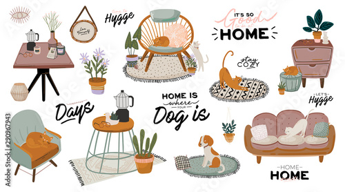 Stylish Scandic living room interior - sofa, armchair, coffee table, plants in pots, lamp, home decorations. Cozy Autumn season. Modern comfy apartment furnished in Hygge style. Vector illustration