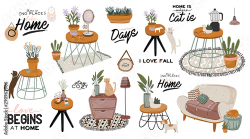 Stylish Scandic living room interior - sofa, armchair, coffee table, plants in pots, lamp, home decorations. Cozy Autumn season. Modern comfy apartment furnished in Hygge style. Vector illustration