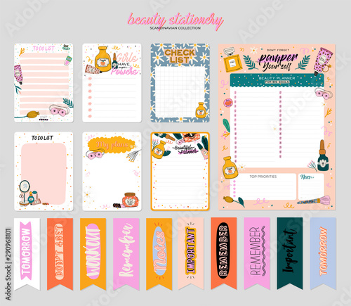 Collection of weekly or daily planner, note paper, to do list, stickers templates decorated by cute beauty cosmetic illustrations and trendy lettering. Trendy scheduler or organizer. Flat vector