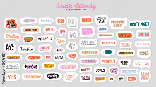 Collection of weekly or daily planner, note paper, to do list, stickers templates decorated by cute beauty cosmetic illustrations and trendy lettering. Trendy scheduler or organizer. Flat vector