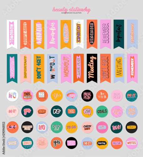 Collection of weekly or daily planner, note paper, to do list, stickers templates decorated by cute beauty cosmetic illustrations and trendy lettering. Trendy scheduler or organizer. Flat vector