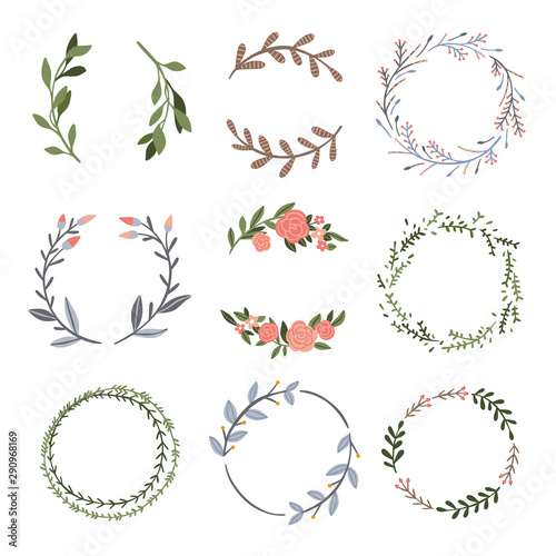 Beautiful vector floral wreaths. Graphic wreaths collection with botanical illustrations with plants and flowers elements