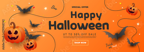 2024 Happy Halloween greeting sale banner with bats, pumpkins  on an orange background. Can be used for banner, poster, voucher, offer, coupon, holiday sale.