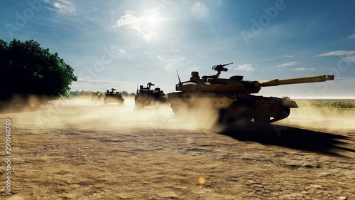 Military tanks ride on a dusty road on a Sunny day on the battlefield. 3D Rendering photo