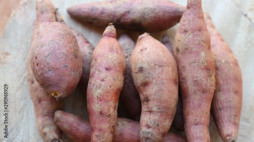 Delicious red sweet potato healthy food vegetarian diet in supermarket shelf farmer market