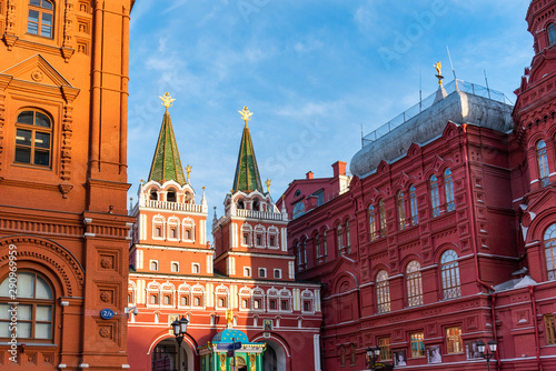 MOSCOW  RUSSIA - MAY 16  2019  Iberian Gate and Chapel  start building at 1535  a historical Building at the Red Square during sunset with People 