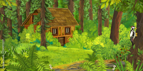 cartoon scene with mountains and valley with farm house hidden in the forest illustration for children