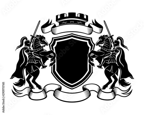 Knights with swords riding a horse and shield on a white background.