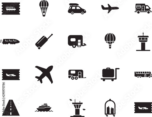 holiday vector icon set such as: template, traveler, sketch, life, highway, liner, school, wave, subway, roadside, boat, path, express, cruiser, rail, pictogram, action, motorhome, wheel, stop