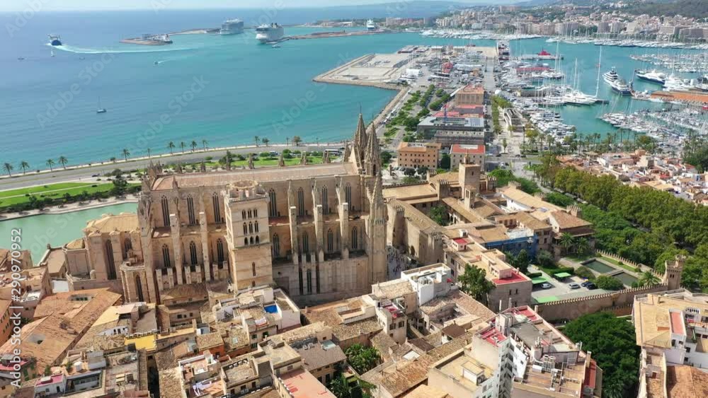 Aerial drone video footage Famous Cathedral La Seu in Palma de Mallorca Spain