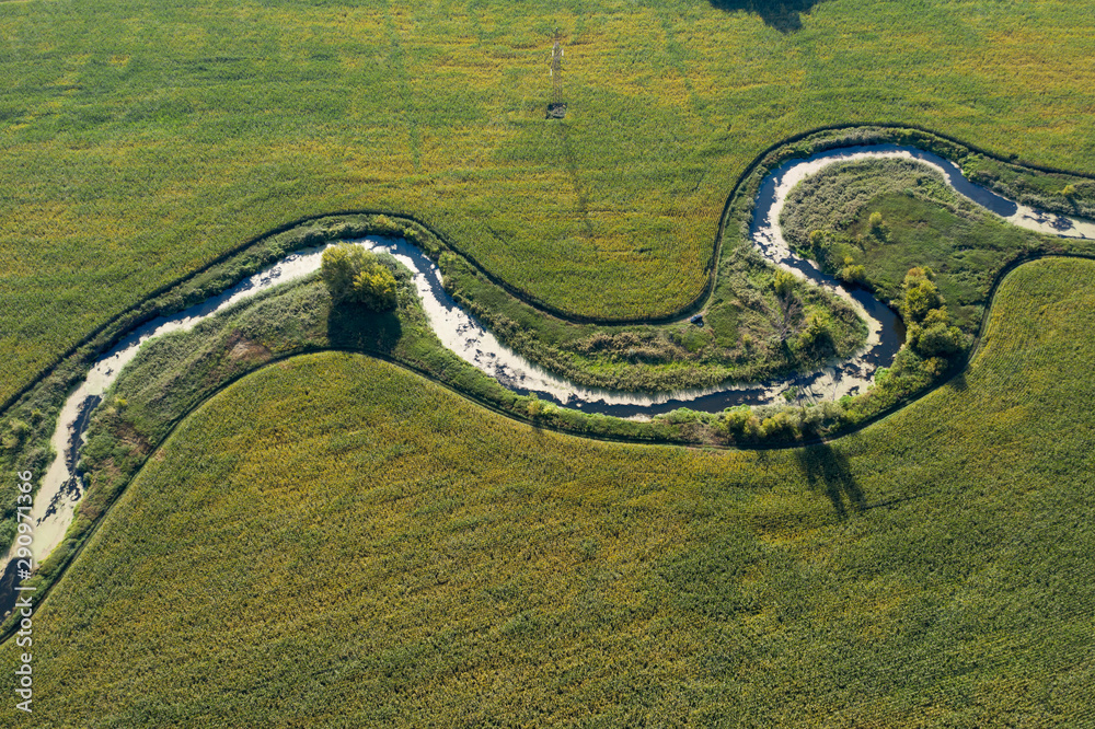 banks of a swampy river, aerial view