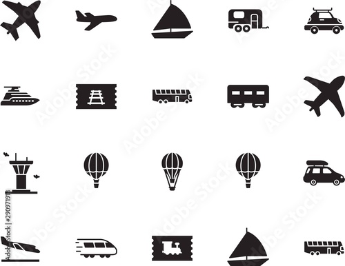 holiday vector icon set such as: subway, motion, caravan, destination, camper, home, metro, track, landing, van, station, fast, circle, airline, rv, pictogram, arrive, grey, steel, metal, icons