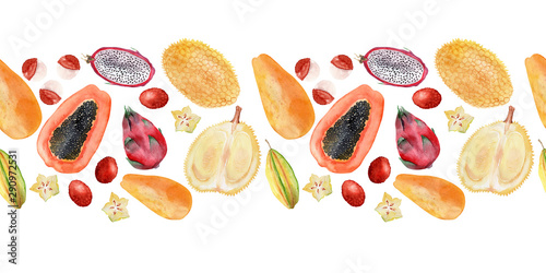 Watercolor background picture Borders with exotic fruits © Ellivelli