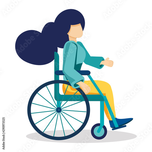 Young strong woman sits in wheelchair. Invalid girl living with disability, equal opportunities concept  Cartoon vector illustration isolated on white  background