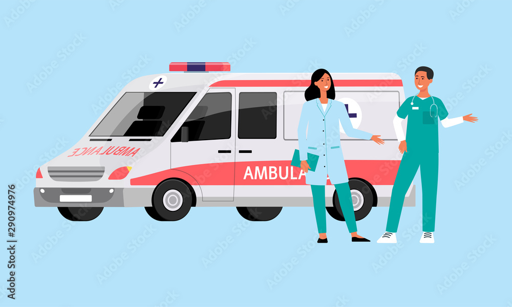 Ambulance car with doctor and paramedic staff standing next to it