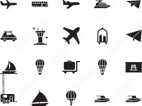 holiday vector icon set such as: camp, bus, access, truck, mobile, family, rv, outdoor, box, passenger, roof, grey, trailer, camping, camper, tourist, departure, ticket, caravan, school, automobile