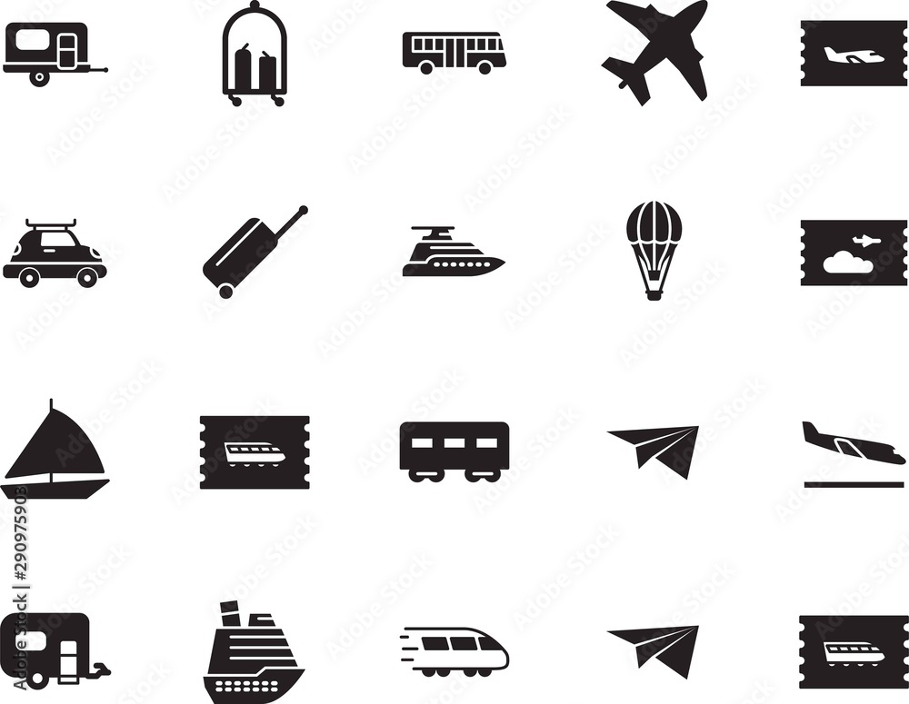 holiday vector icon set such as: basket, way, stop, camp, coach, hot, briefcase, school, jet, side, sailboat, arrivals, trolley, icons, yachting, roof, outdoor, station, traffic, lifestyle, wheel