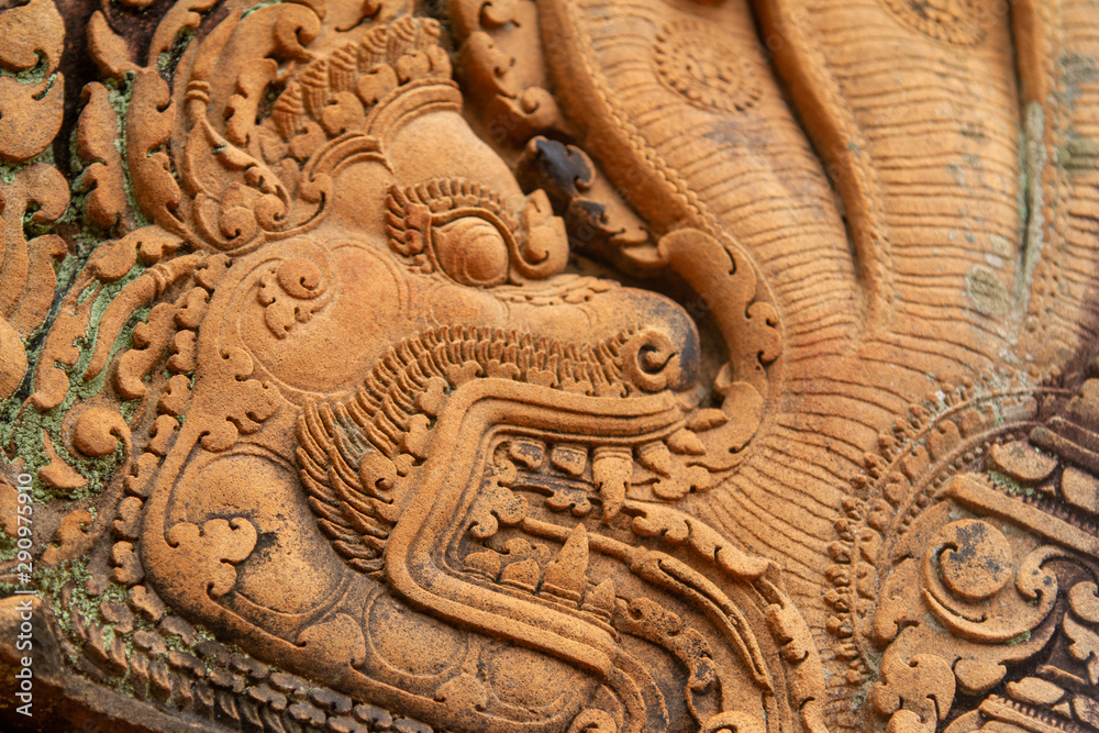 Carved details from Angkor Wat, dragons, snakes,