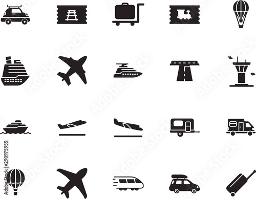 holiday vector icon set such as: voyage, front, asphalt, grey, street, map, wagon, destination, landing, logo, metro, road, airliner, control, arrive, railroad, industry, summer, trolley, express