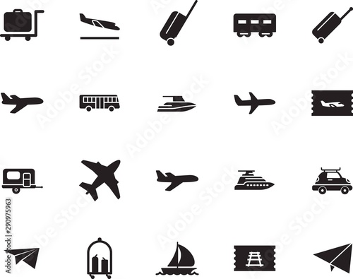 holiday vector icon set such as: aeroplane, express, roof, sport, traffic, set, bus, regatta, sea, tickets, arrive, pictogram, speed, carriage, access, circle, stop, wave, trailer, icons, delivery