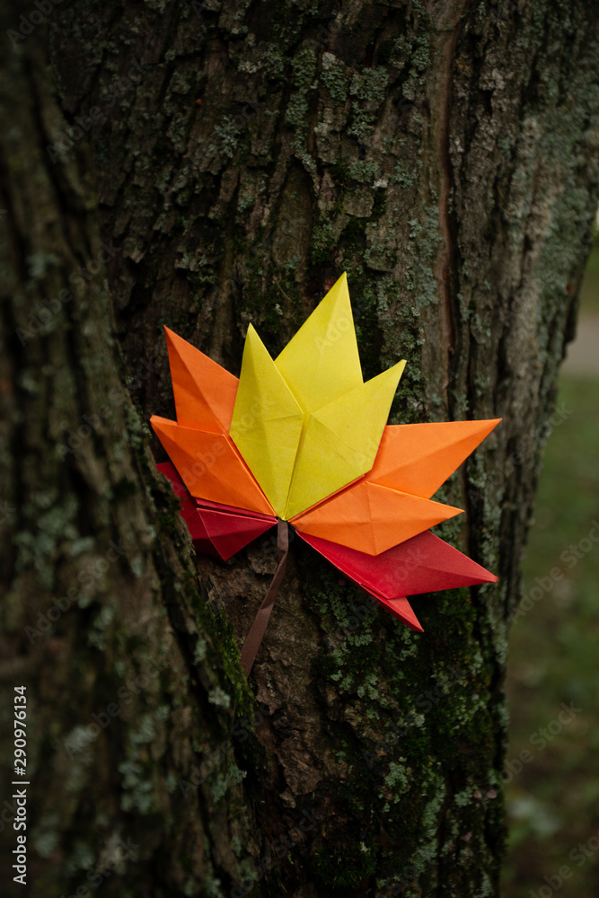 Autumn concept background traditional paper craft handmade origami fallen maple leaves nature Colorful backround image perfect for seasonal use on trunk