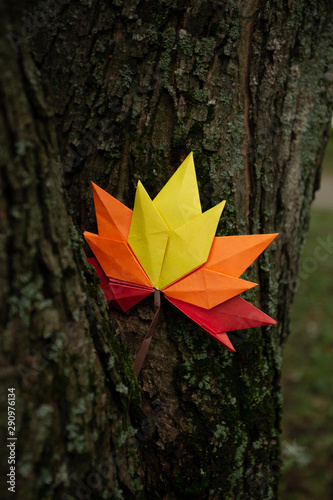 Autumn concept background traditional paper craft handmade origami fallen maple leaves nature Colorful backround image perfect for seasonal use on trunk