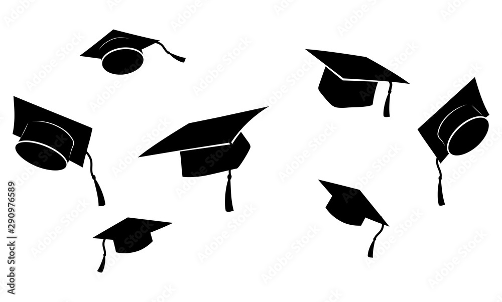 Set of flying graduation caps. Collection of students toss caps. Black  white vector illustration. Stock Vector | Adobe Stock