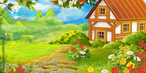 cartoon scene with mountains and valley with farm house and garden near the forest illustration for children