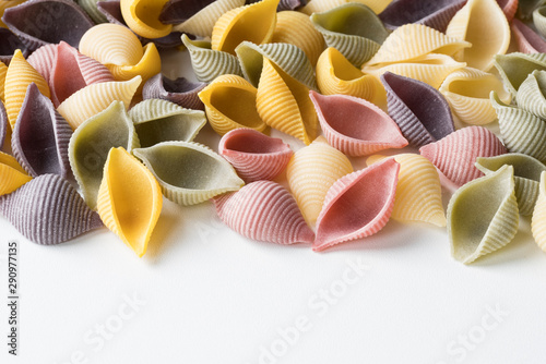 flat lay heap colorful  shell pasta 