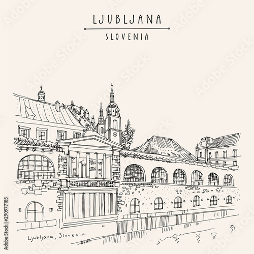Ljubljana, Slovenia. Market arcade on the Ljubljanica river, Ljubljana cathedral and castle. Artistic drawing illustration. Travel sketch. Vintage hand drawn travel postcard photo