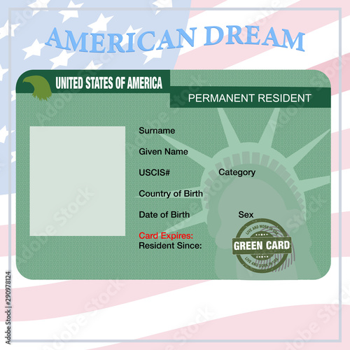 American dream. A green card, officially known as a Permanent Residence Card, is a document issued to immigrants to permanently reside in the United States. Green card text rubber stamp.