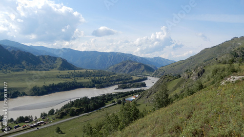 view of the Katun river from the Tolgoek plateau in the Altai mountains © EvgeniOst