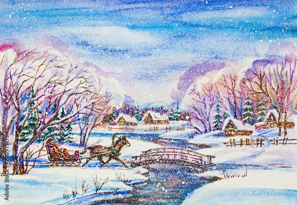 Watercolor Painting Landscape Winter