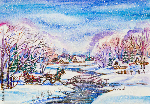 Watercolor painting: Winter village landscape with Santa in sleigh