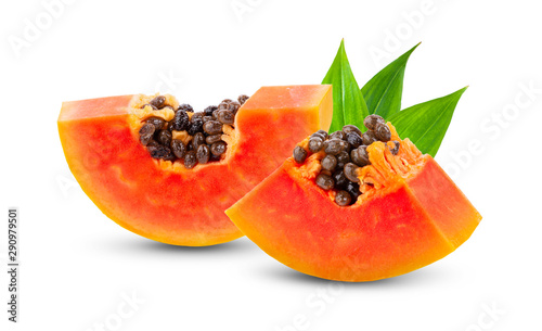 Piece of ripe papaya fruit with seeds isolated on white background