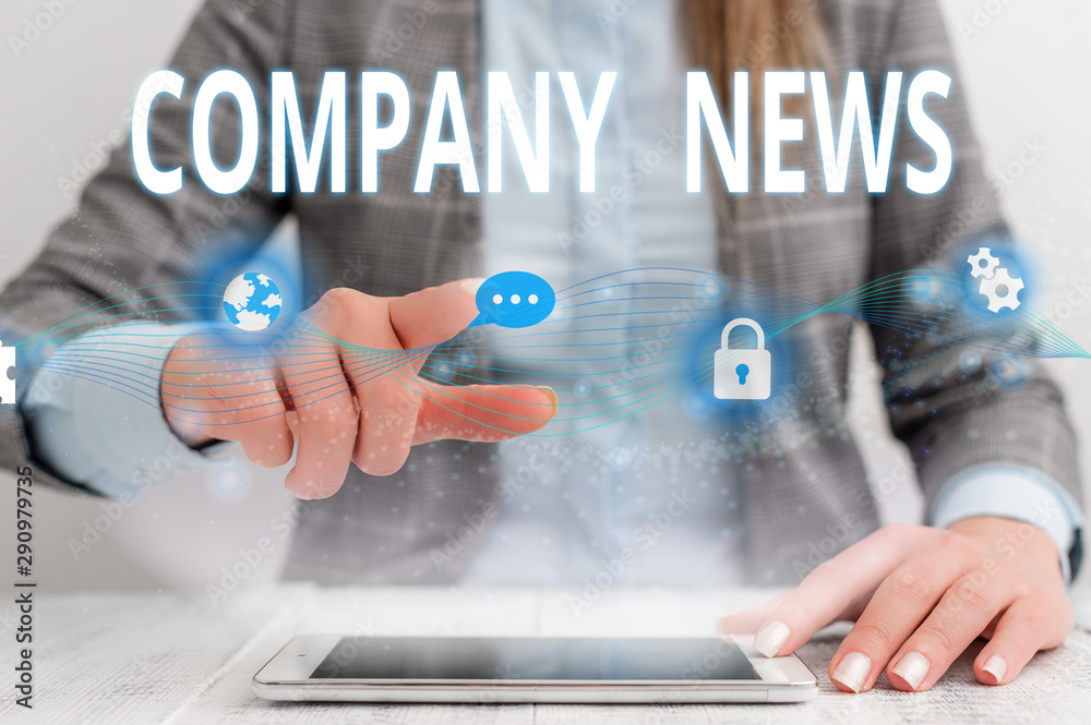 Writing note showing Company News. Business concept for Latest Information and happening on a business Corporate Report Female human wear formal work suit presenting smart device Writing note showing Company News. Business concept for Latest Information and happening on a business Corporate Report Female human wear formal work suit presenting smart device