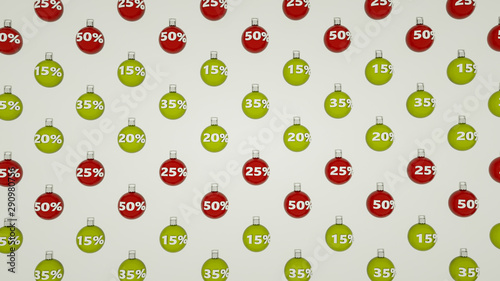 rows of christmas balls with numbers of discounts. Christmas sale concept. 3d rendering illustration.