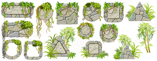 Stone boards decoration bamboo branches and tropical leaves. Isolated vector cartoon frames with space for text on white background.